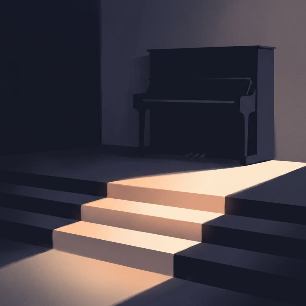 Cover art for A Minor Dream: an upright piano in a dim room, light falling across low steps